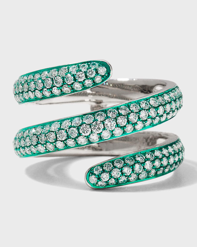 Green Rhodium and Diamond Coil Ring, Size 7